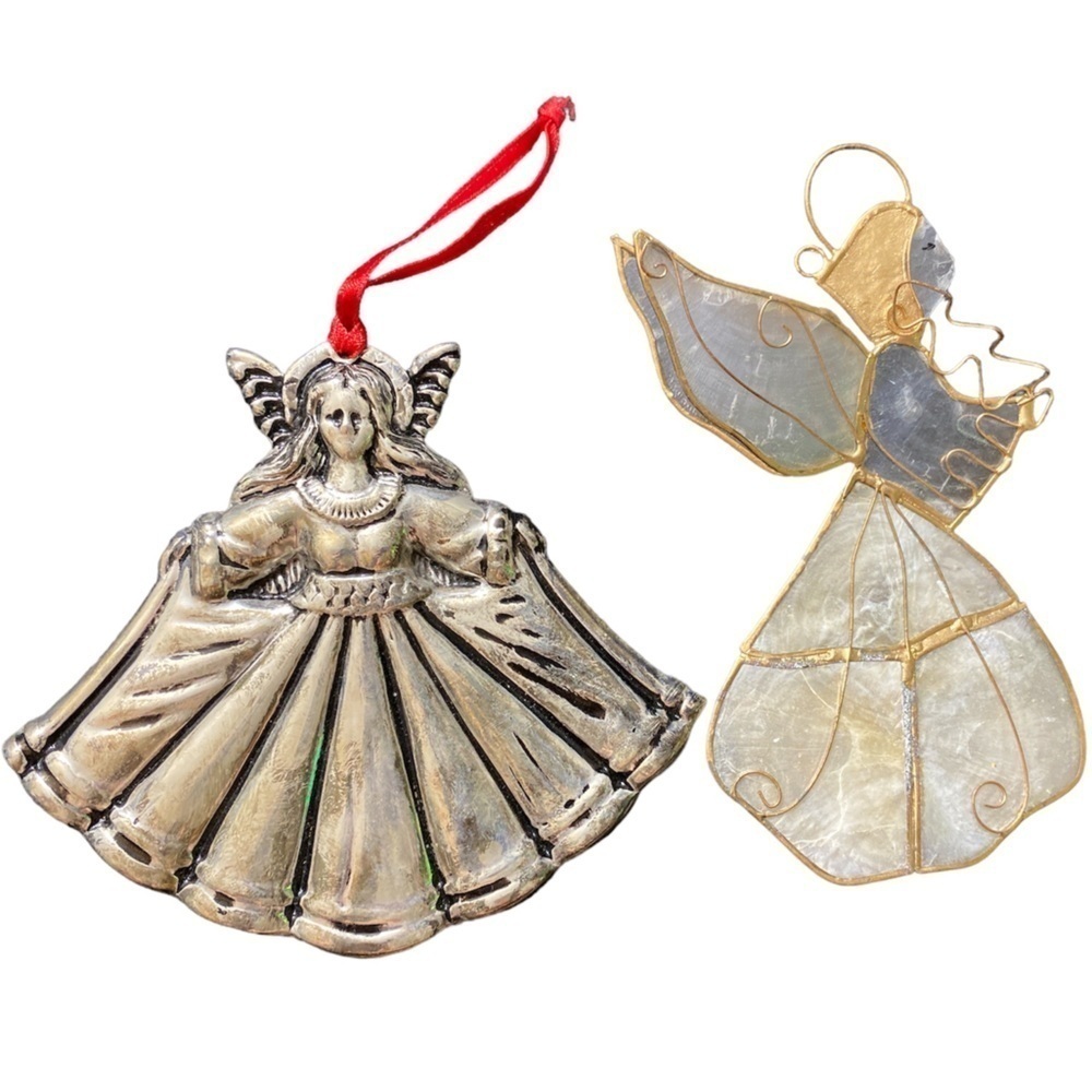 Vintage hanging angels ornaments silver plated metal one and abalone one.  #6